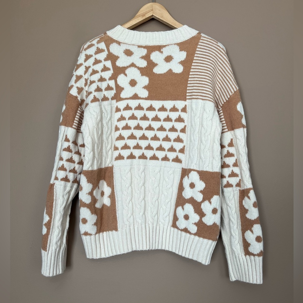 {&merci} Knit Patchwork Sweater with Floral and Cable Knit Design - Womens Small - Picture 6 of 10